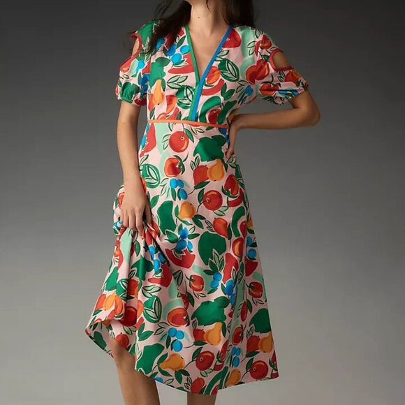 Farm Rio x Anthropologie Short-Sleeve V-Neck Cutout Midi Dress - Picture 1 of 3